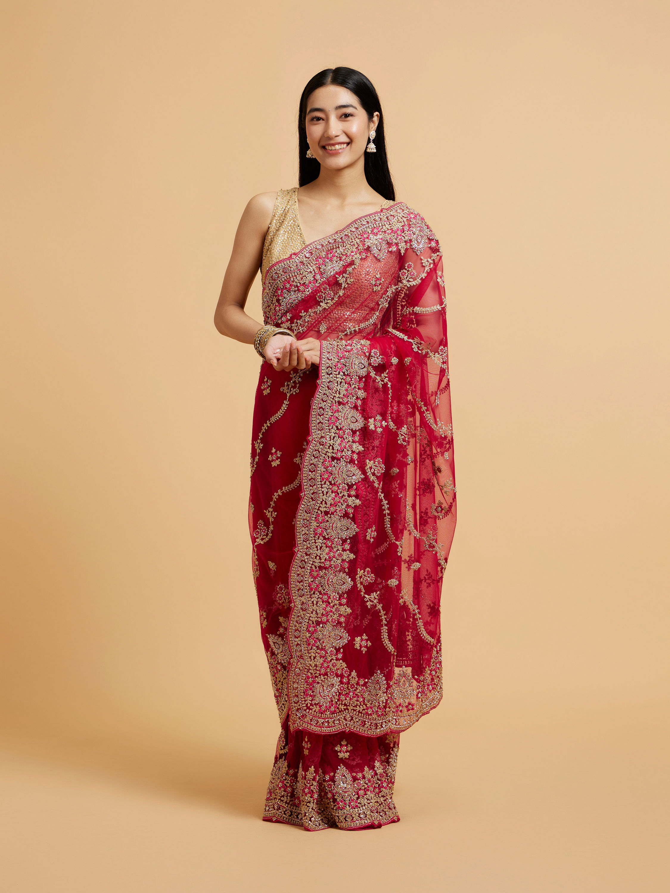 Mohey Women Rani Red Floral Bel Embroidered Saree with Scallop Borders & Stone Studded Buta Embroidery