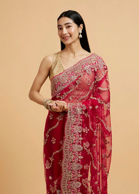 alt message - Mohey Women Rani Red Floral Bel Embroidered Saree with Scallop Borders & Stone Studded Buta Embroidery image number 1