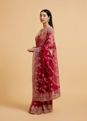 alt message - Mohey Women Rani Red Floral Bel Embroidered Saree with Scallop Borders & Stone Studded Buta Embroidery image number 2