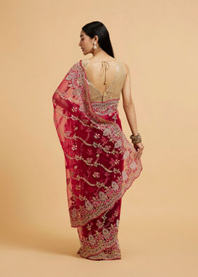 alt message - Mohey Women Rani Red Floral Bel Embroidered Saree with Scallop Borders & Stone Studded Buta Embroidery image number 4