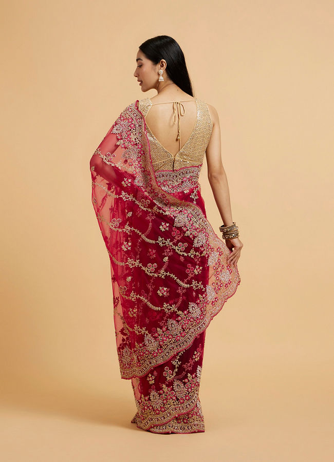 alt message - Mohey Women Rani Red Floral Bel Embroidered Saree with Scallop Borders & Stone Studded Buta Embroidery image number 4