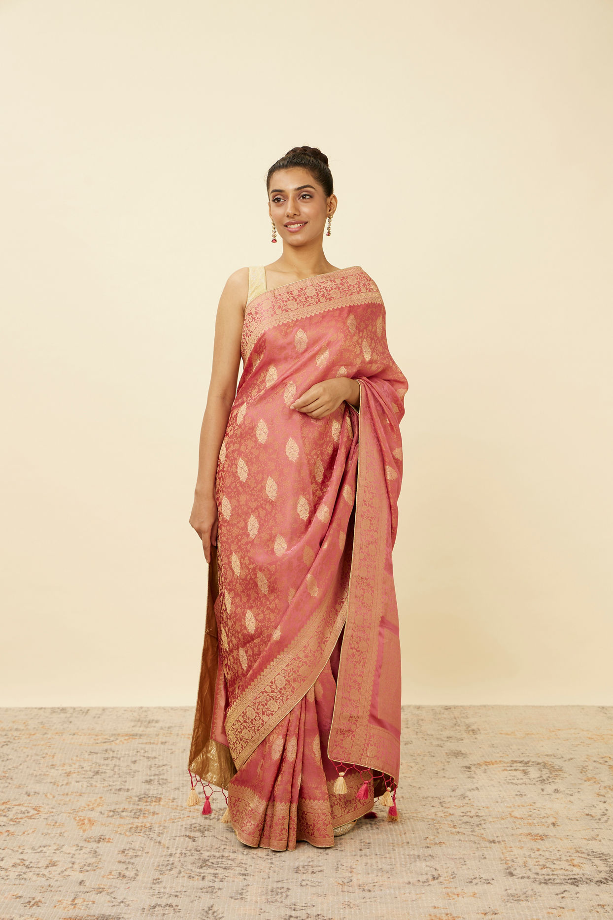 Mohey Women Flamingo Pink Saree with Floral Medallion Patterns