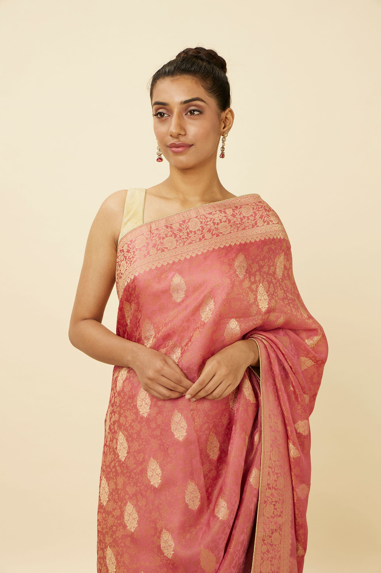 Buy Flamingo Pink Saree with Floral Medallion Patterns Online in India