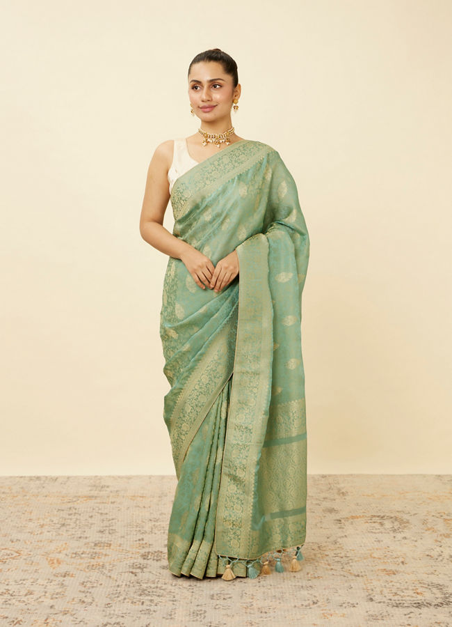 Mohey Women Pastel Turquoise Saree with Floral Medallion Patterns