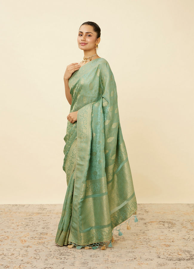 Mohey Women Pastel Turquoise Saree with Floral Medallion Patterns