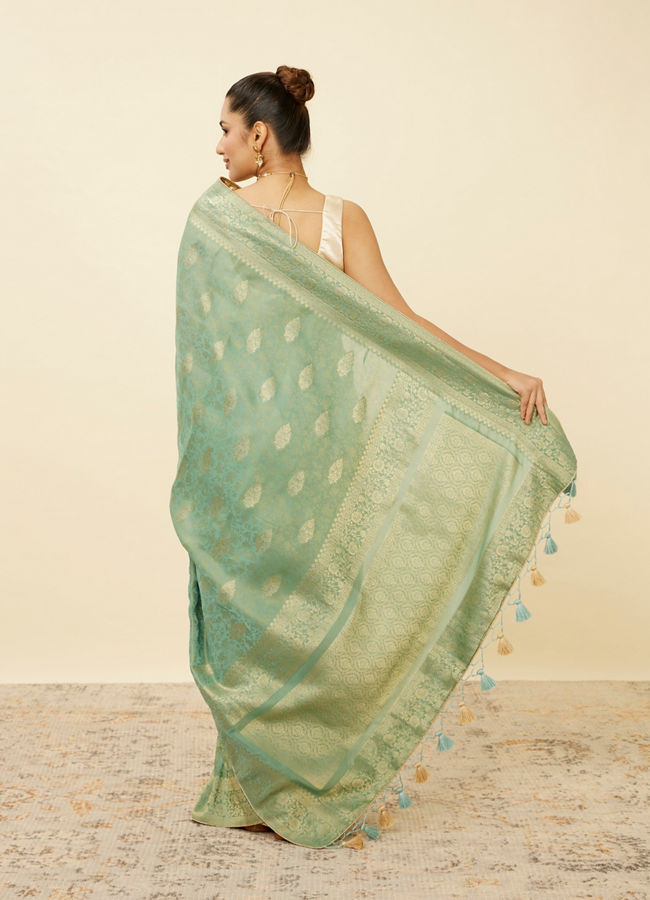 Mohey Women Pastel Turquoise Saree with Floral Medallion Patterns