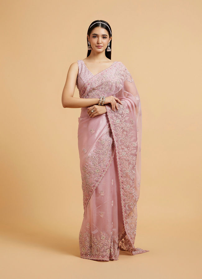 alt message - Mohey Women Baby Pink Buta Embroidered Saree with Mirror & Sequin Work image number 0