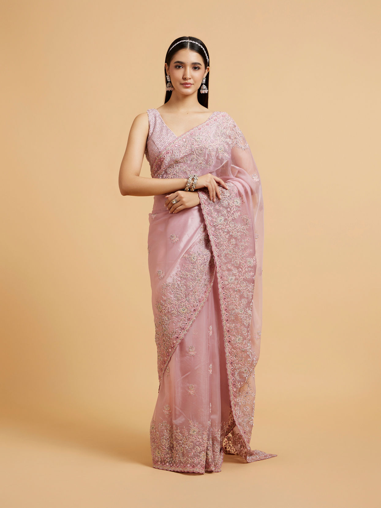 alt message - Mohey Women Baby Pink Buta Embroidered Saree with Mirror & Sequin Work image number 0