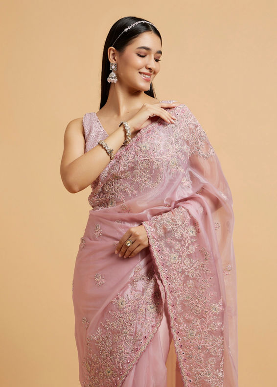 Mohey Women Baby Pink Buta Embroidered Saree with Mirror & Sequin Work