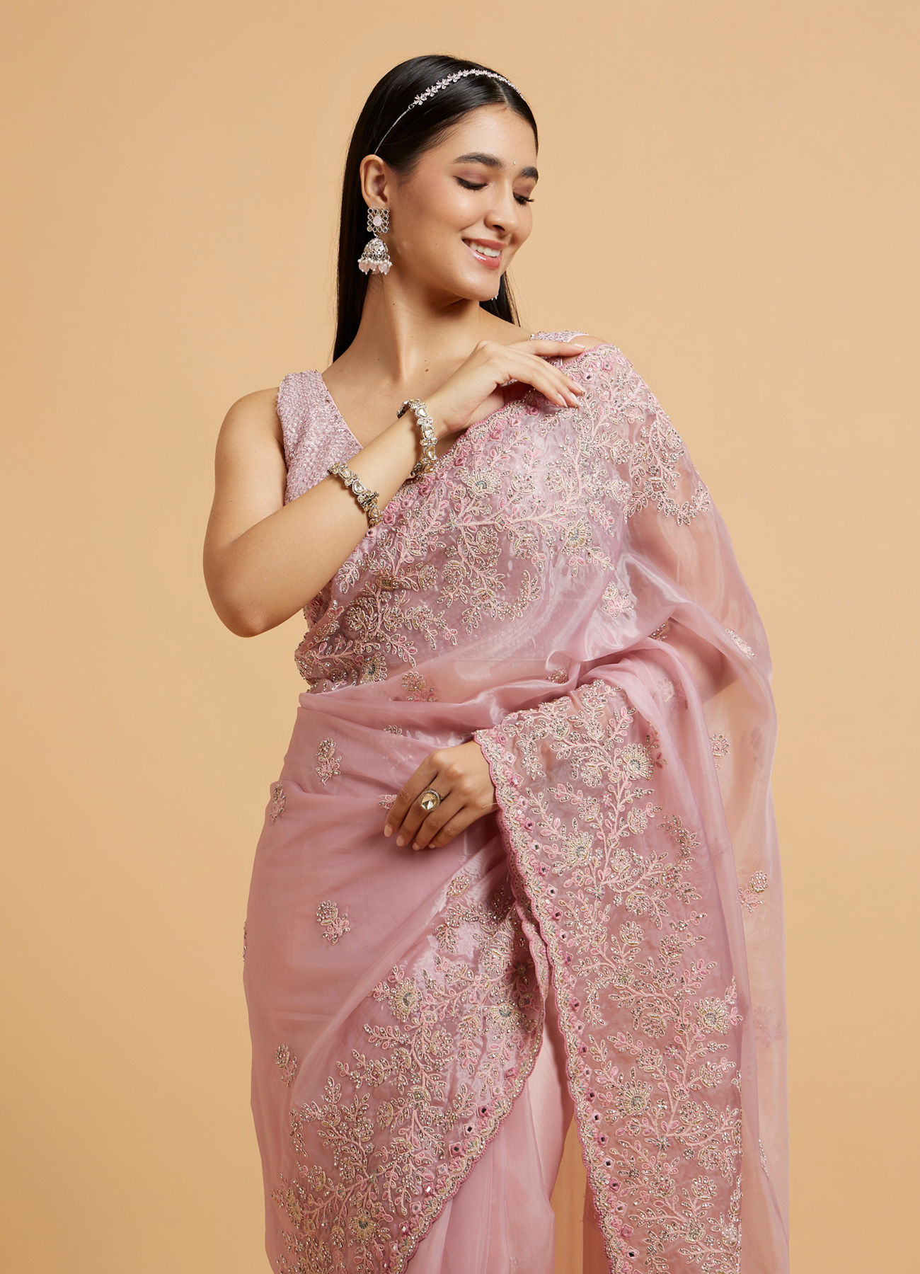 Mohey Women Baby Pink Buta Embroidered Saree with Mirror & Sequin Work