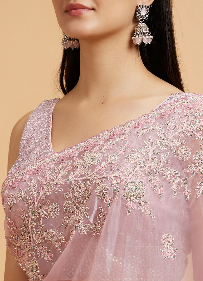 Mohey Women Baby Pink Buta Embroidered Saree with Mirror & Sequin Work
