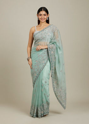 Mohey Women Sea Green Bel Buti Patterned Stone Work Saree
