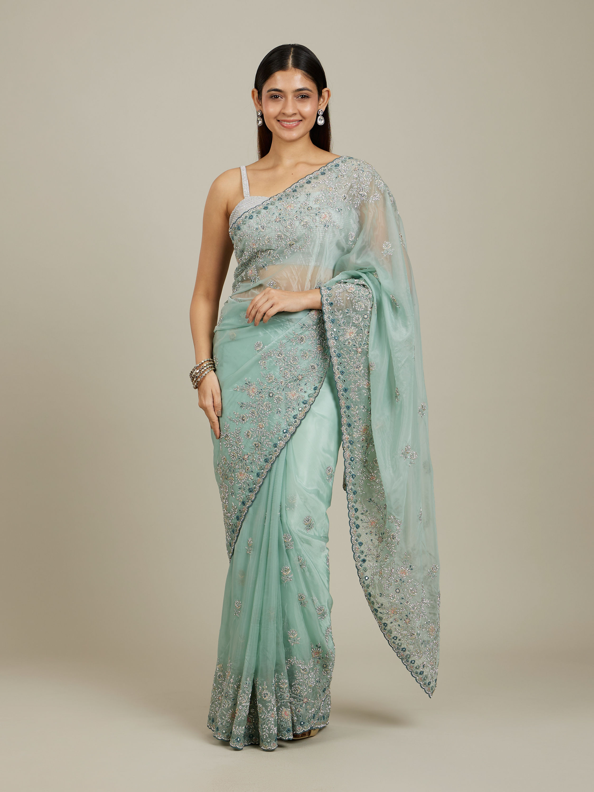 Mohey Women Sea Green Bel Buti Patterned Stone Work Saree