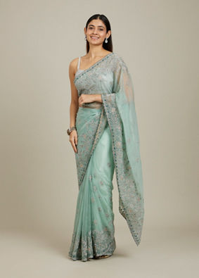 Mohey Women Sea Green Bel Buti Patterned Stone Work Saree image number 2