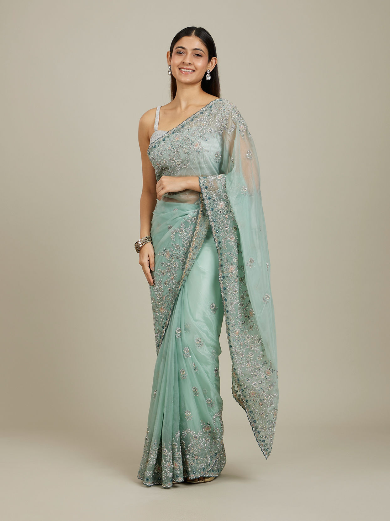 Mohey Women Sea Green Bel Buti Patterned Stone Work Saree