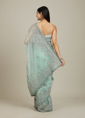 Mohey Women Sea Green Bel Buti Patterned Stone Work Saree image number 4