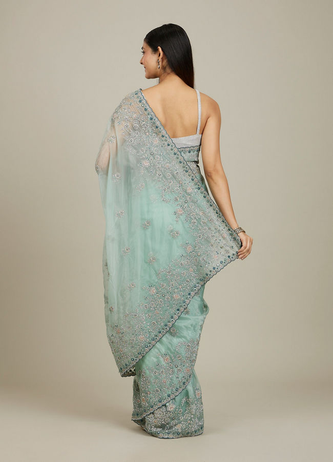 Mohey Women Sea Green Bel Buti Patterned Stone Work Saree