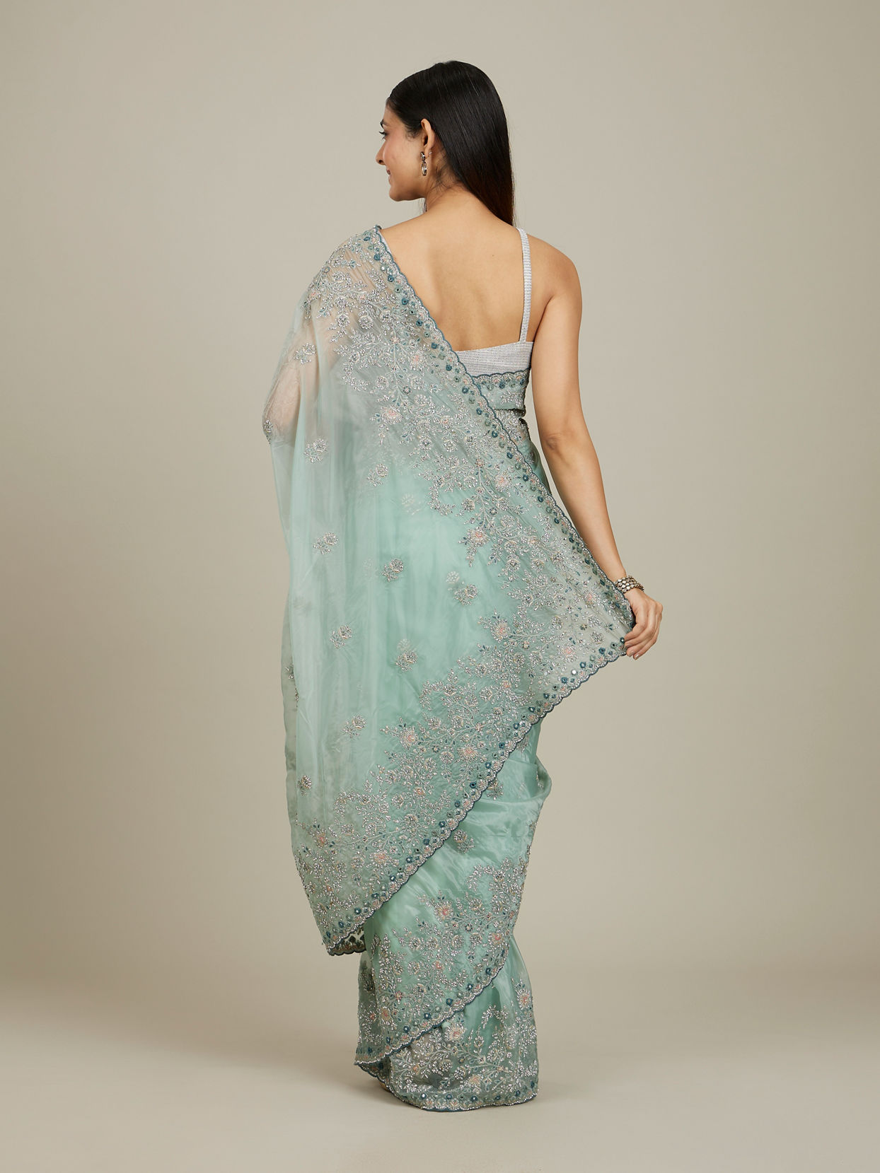 Mohey Women Sea Green Bel Buti Patterned Stone Work Saree