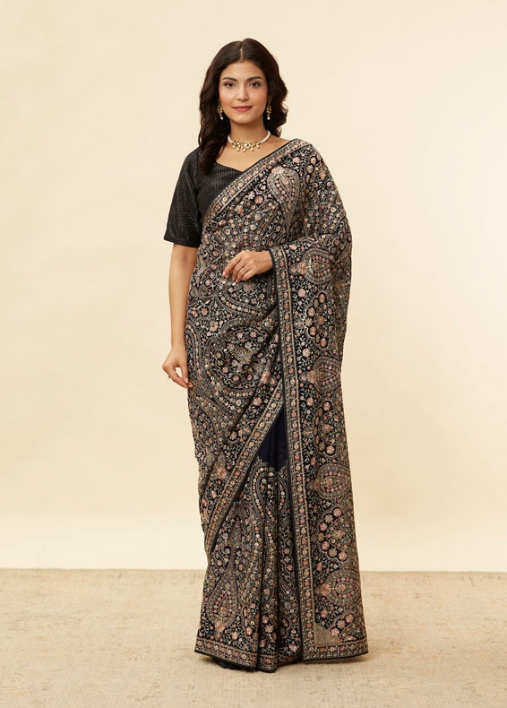 Mohey Women Midnight Blue Paisley Embroidered Sequined Saree