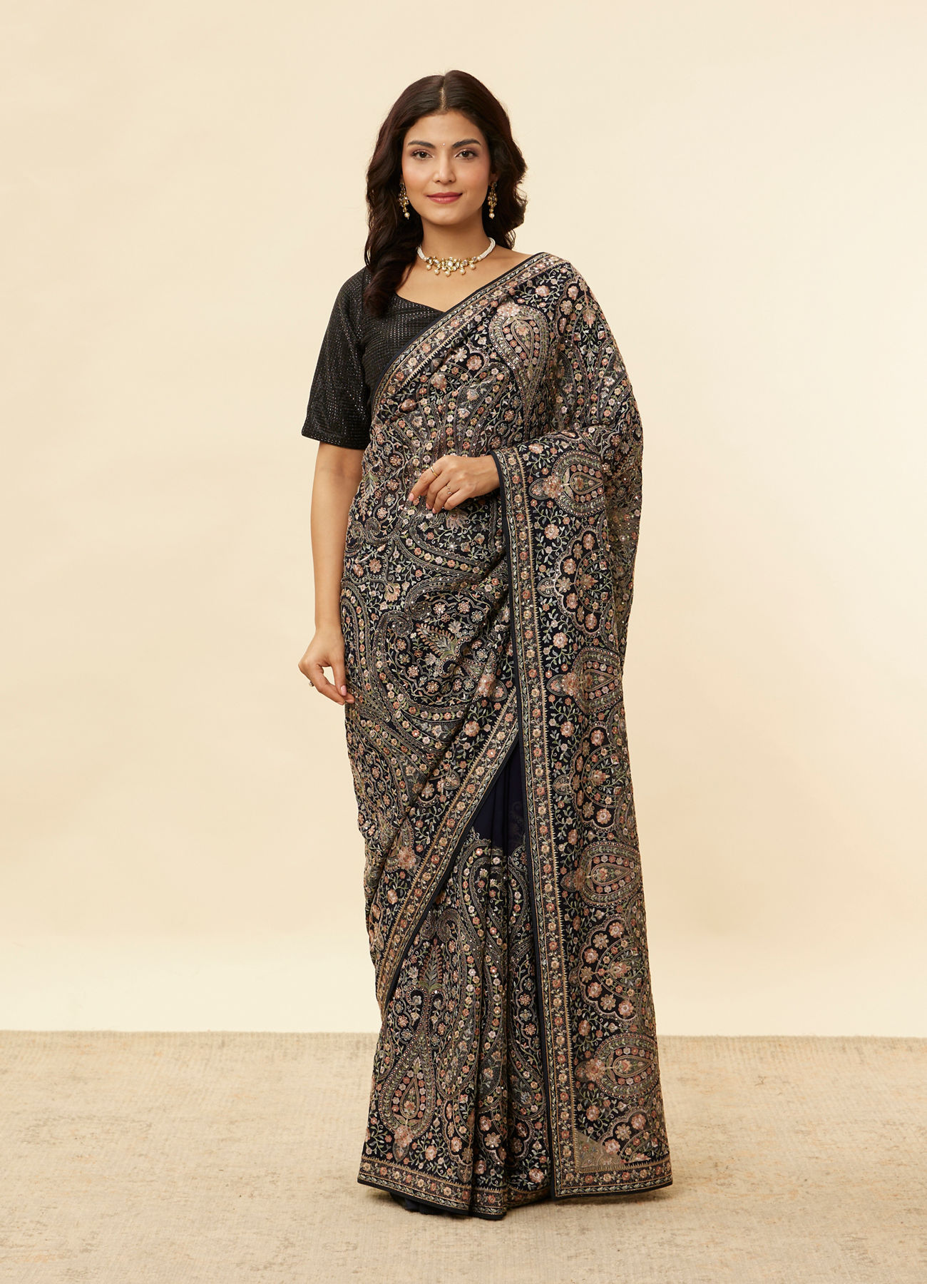 Mohey Women Midnight Blue Paisley Embroidered Sequined Saree