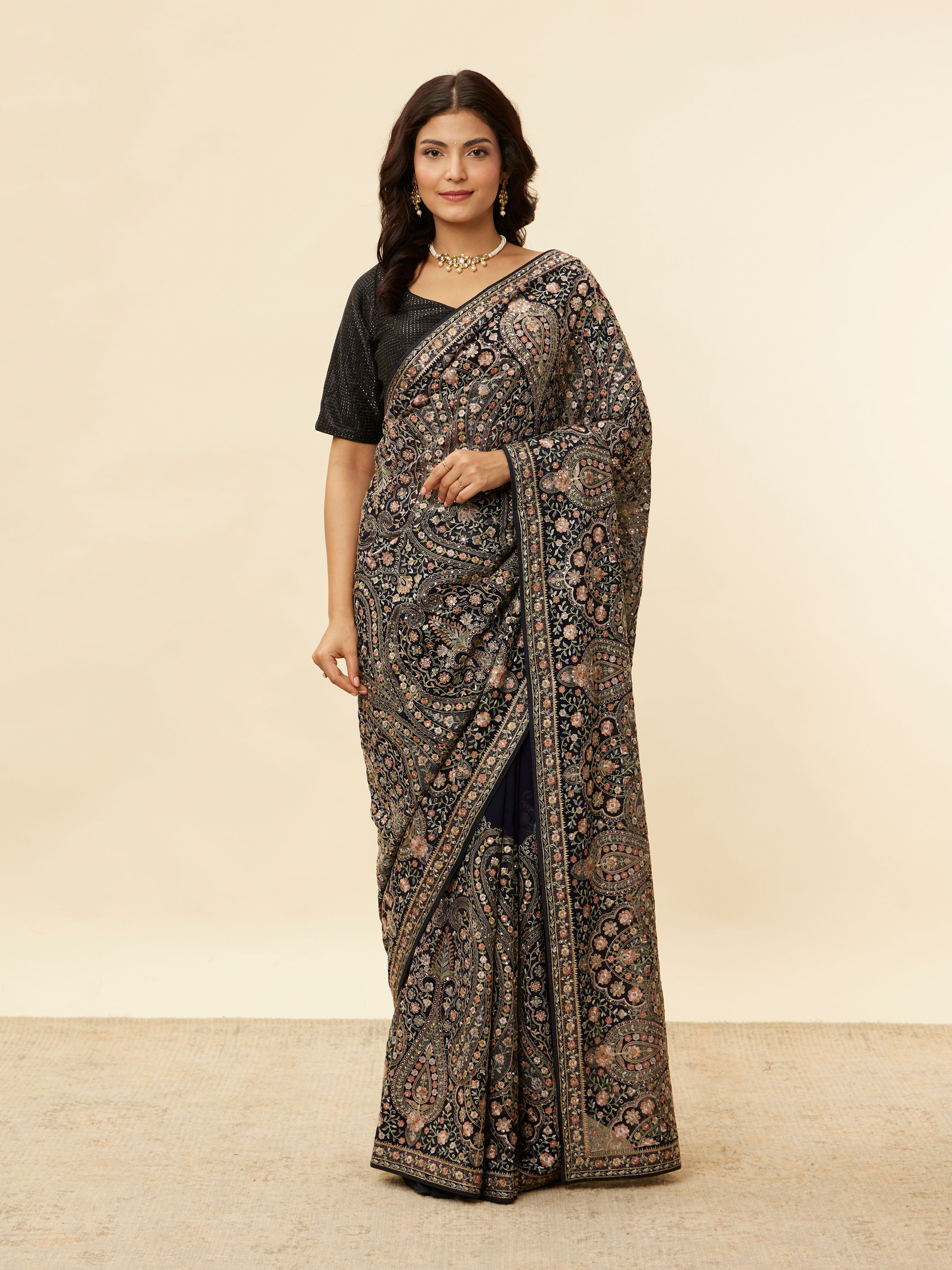Mohey Women Midnight Blue Paisley Embroidered Sequined Saree