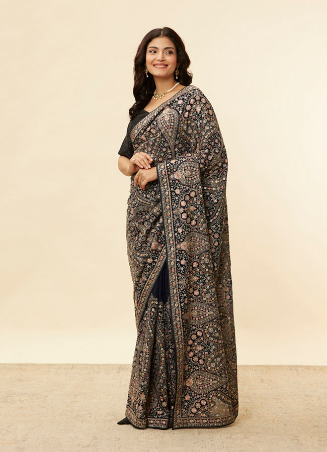 Mohey Women Midnight Blue Paisley Embroidered Sequined Saree