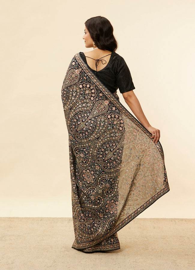 Mohey Women Midnight Blue Paisley Embroidered Sequined Saree