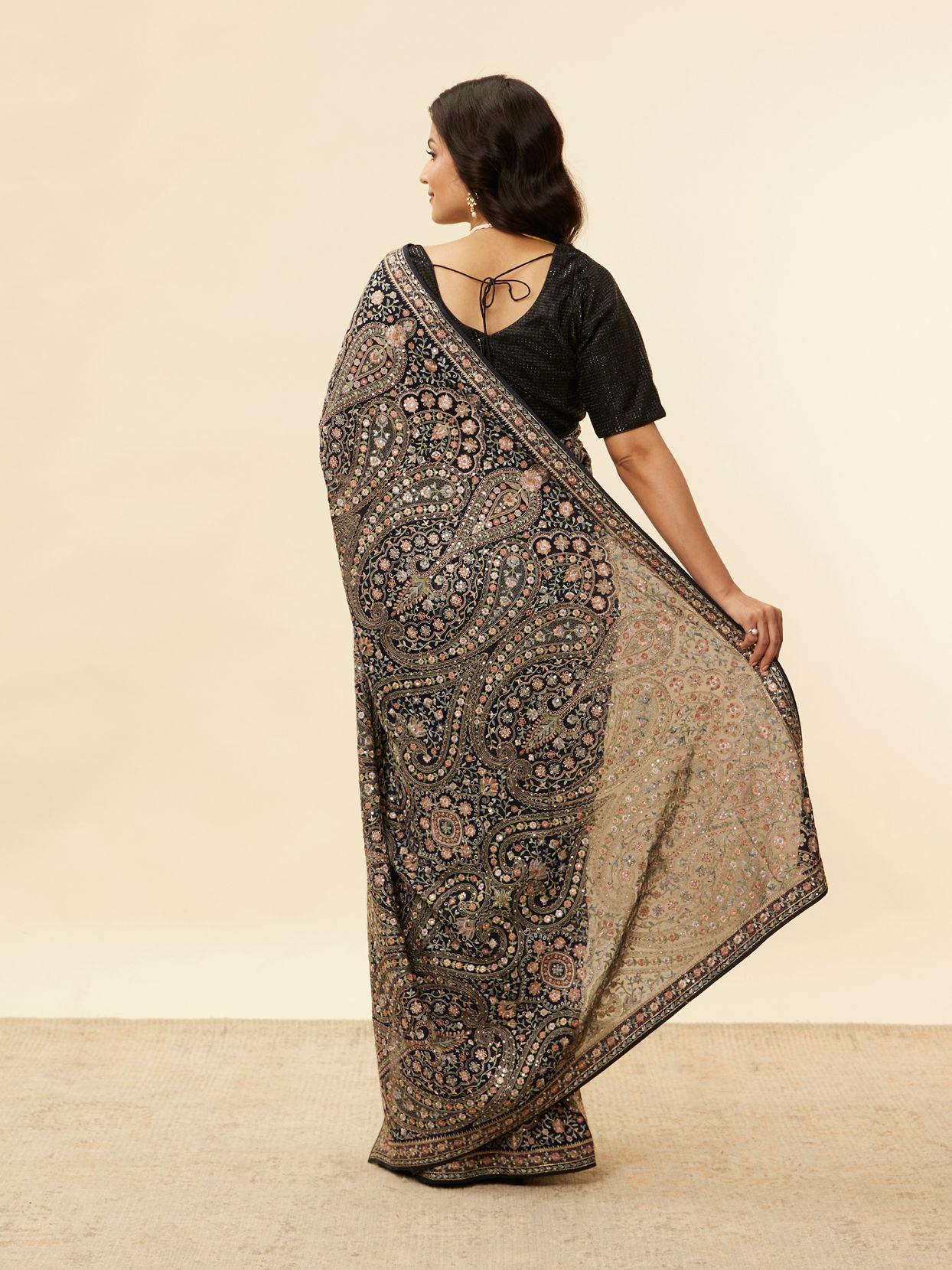 Mohey Women Midnight Blue Paisley Embroidered Sequined Saree