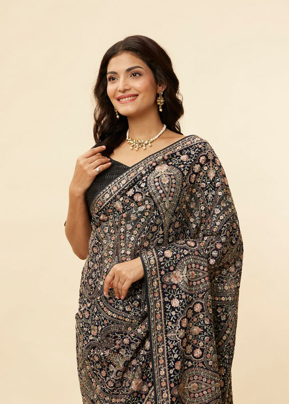 Mohey Women Midnight Blue Paisley Embroidered Sequined Saree