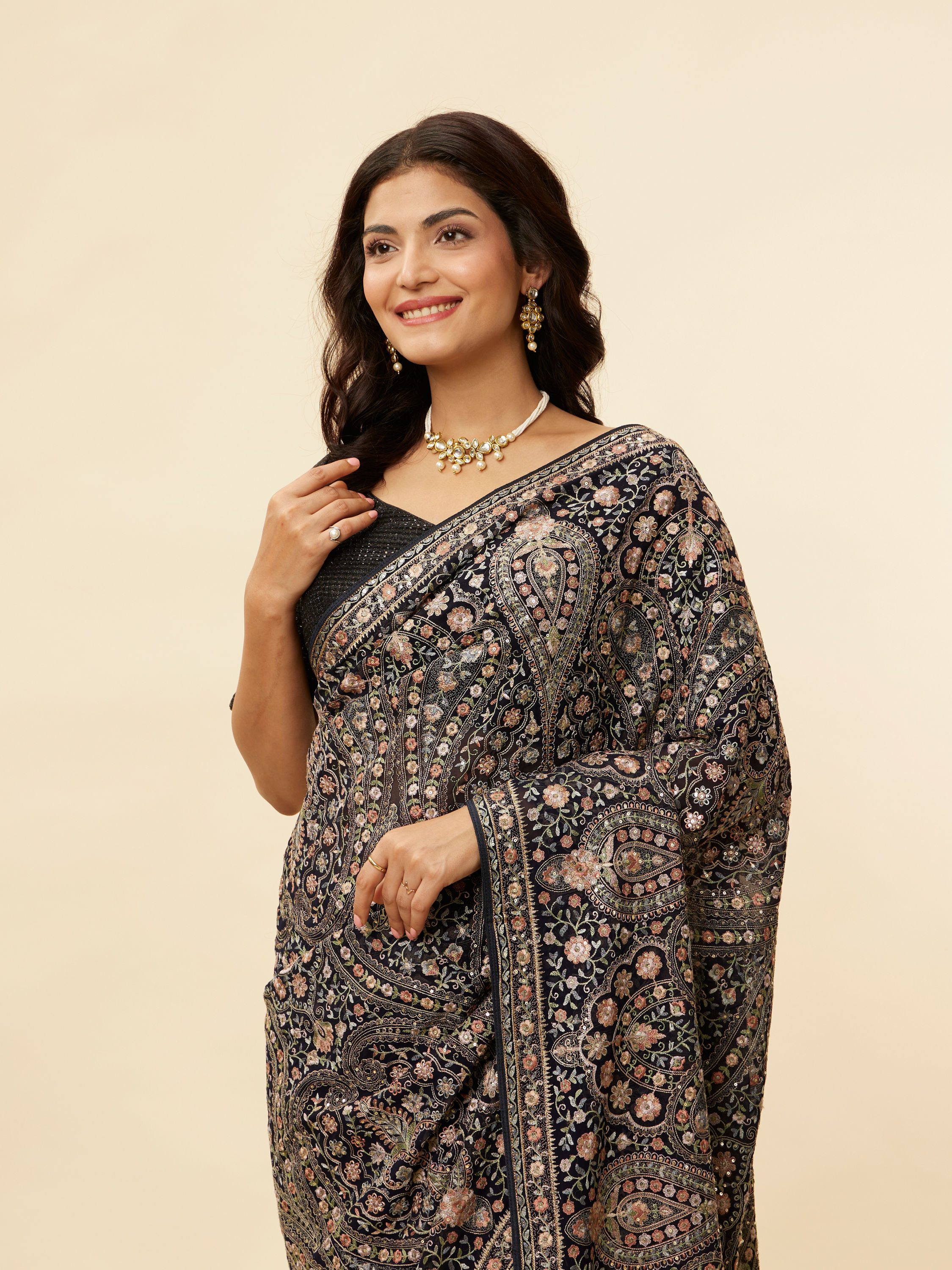 Mohey Women Midnight Blue Paisley Embroidered Sequined Saree