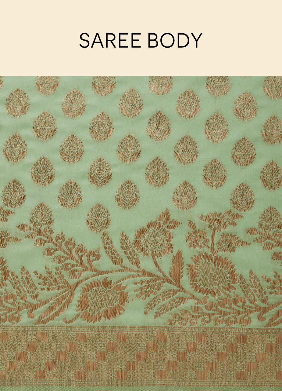 Mohey Women Pista Green Floral Zari Work Saree