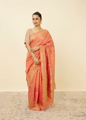 Coral Pink Floral Patterned Saree