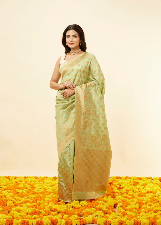 Mohey Women Pista Green Floral Zari Work Saree