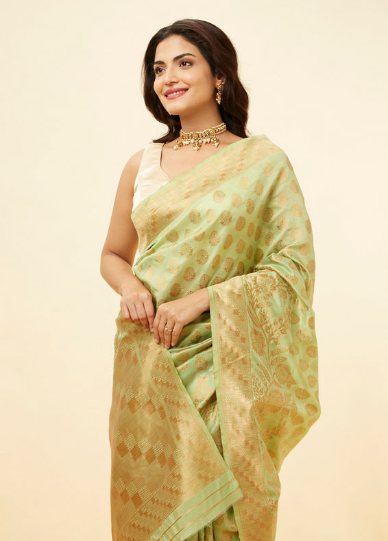 Mohey Women Pista Green Floral Zari Work Saree