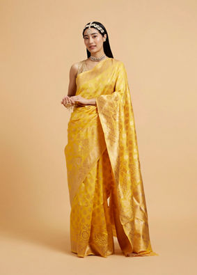 Mohey Women Sunshine Yellow Buta Patterned Saree with Bel Buti Border image number 0