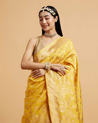 Mohey Women Sunshine Yellow Buta Patterned Saree with Bel Buti Border