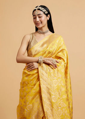 Mohey Women Sunshine Yellow Buta Patterned Saree with Bel Buti Border image number 1