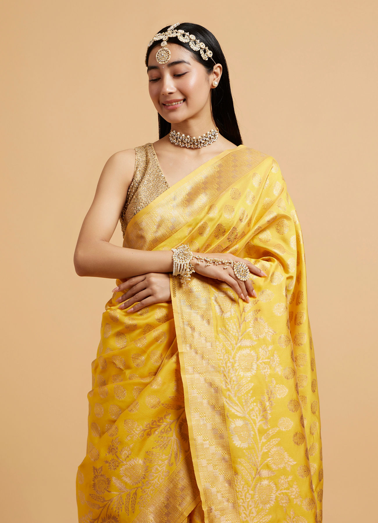 Mohey Women Sunshine Yellow Buta Patterned Saree with Bel Buti Border