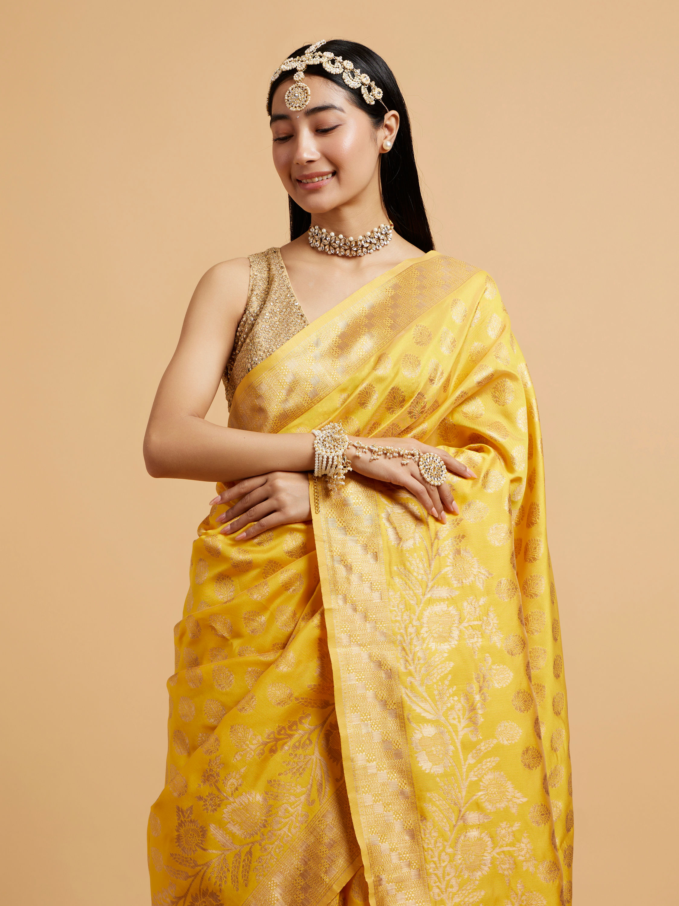 Mohey Women Sunshine Yellow Buta Patterned Saree with Bel Buti Border