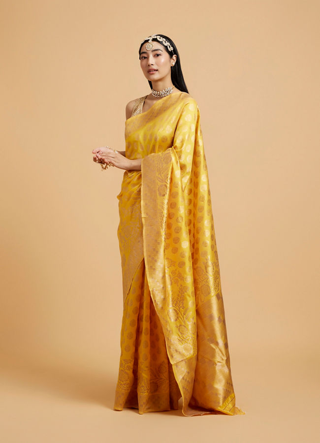 Mohey Women Sunshine Yellow Buta Patterned Saree with Bel Buti Border