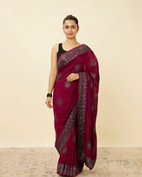 Mohey Women Rouge Red Stone Work Saree with Floral Patterns