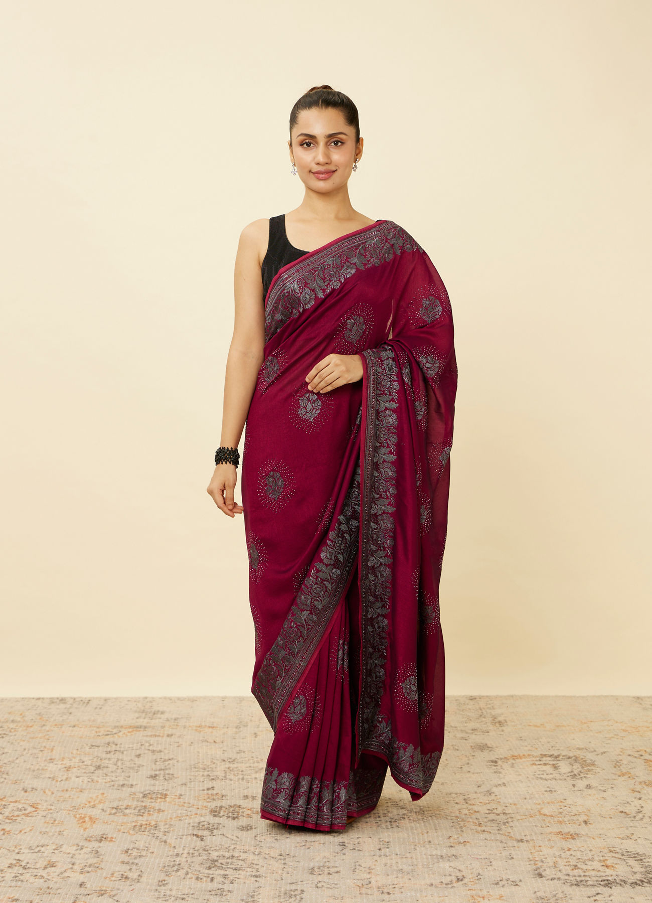 Mohey Women Rouge Red Stone Work Saree with Floral Patterns