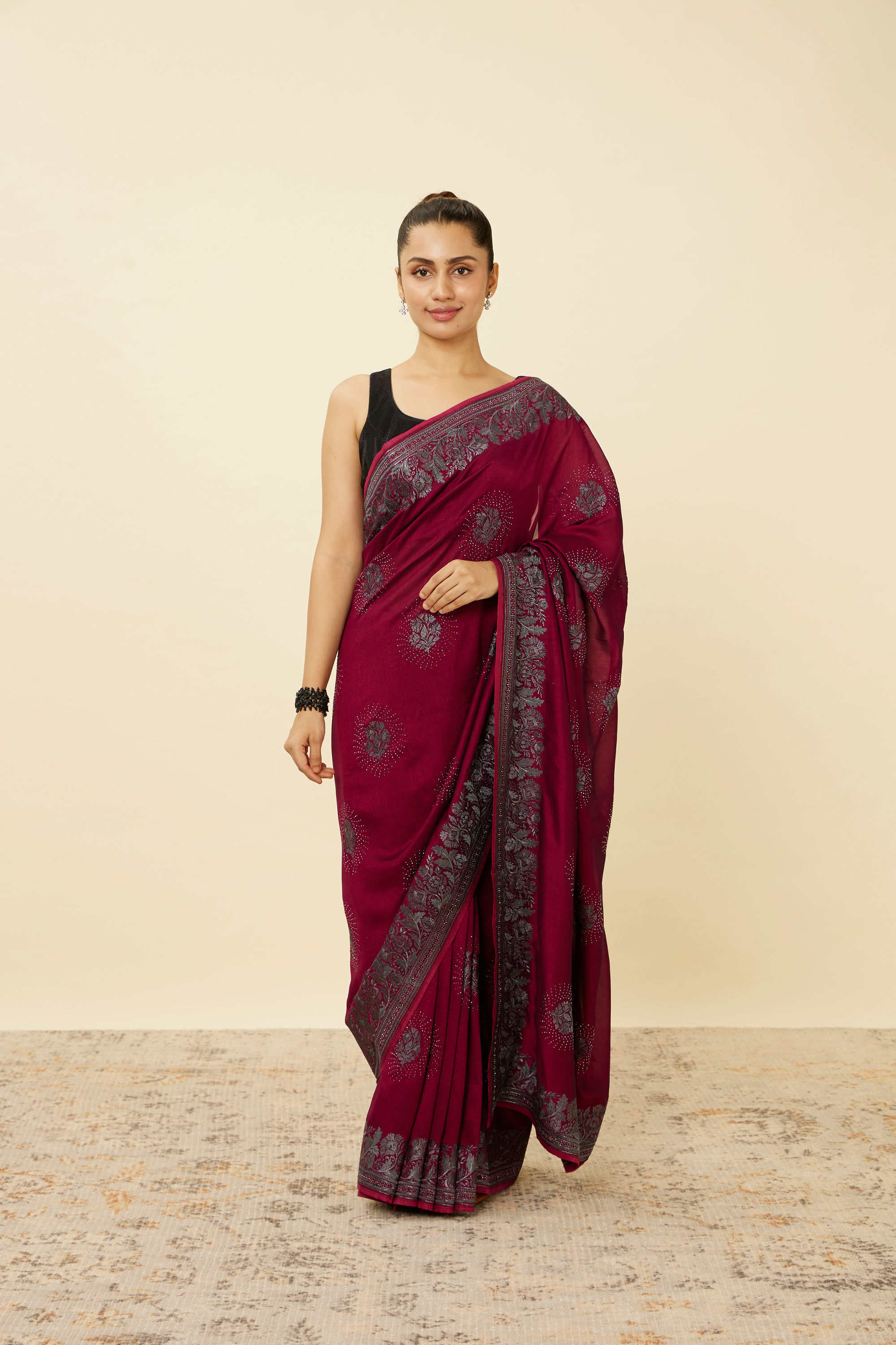 Mohey Women Rouge Red Stone Work Saree with Floral Patterns