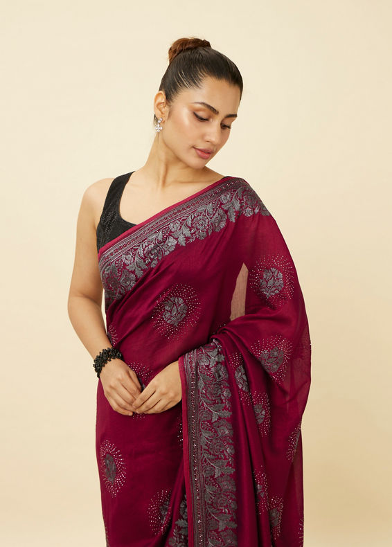 Mohey Women Rouge Red Stone Work Saree with Floral Patterns