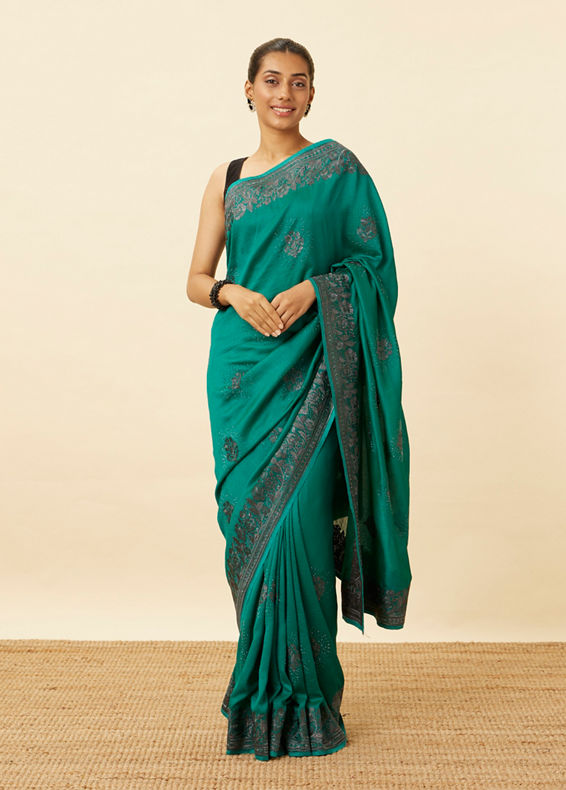 Mohey Women Emerald Green Stone Work Saree with Floral Patterns