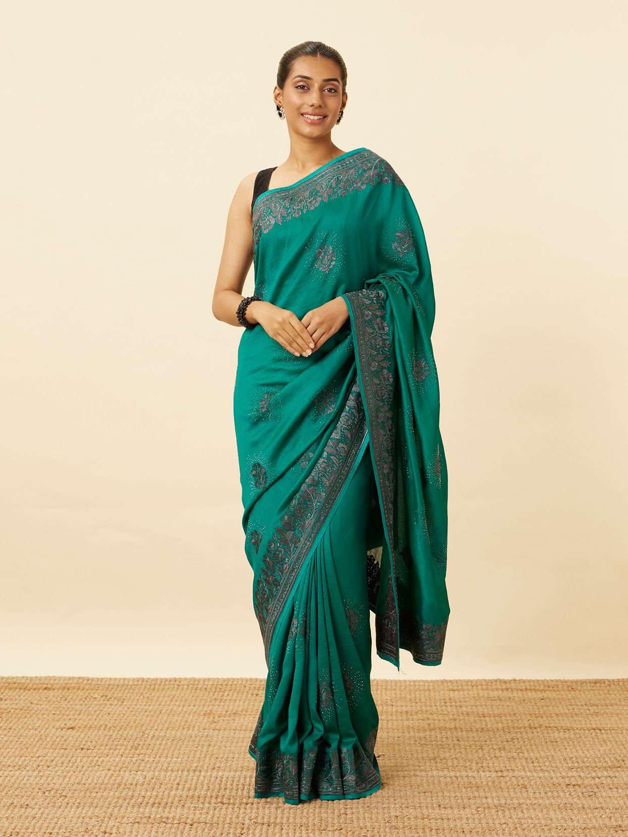 Mohey Women Emerald Green Stone Work Saree with Floral Patterns