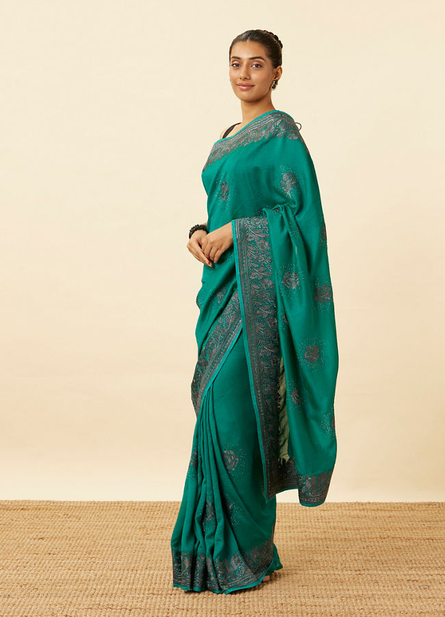 Mohey Women Emerald Green Stone Work Saree with Floral Patterns