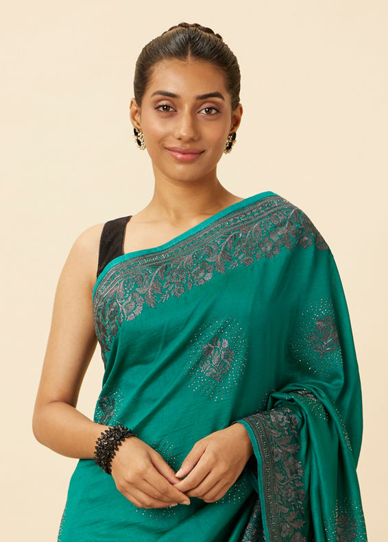 Mohey Women Emerald Green Stone Work Saree with Floral Patterns