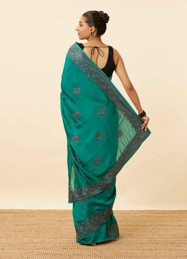 Emerald Green Stone Work Saree with Floral Patterns image number 2
