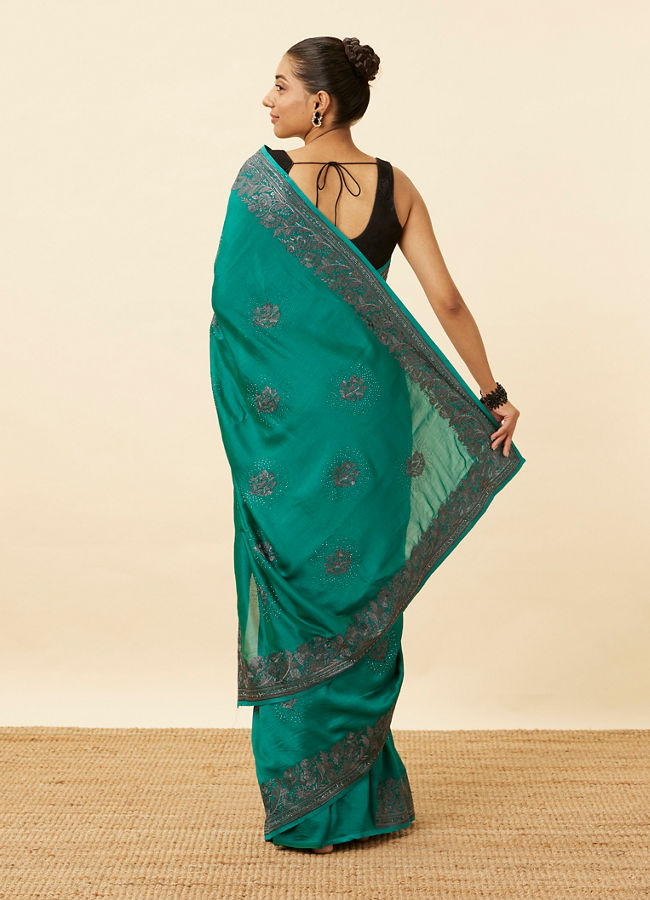 Mohey Women Emerald Green Stone Work Saree with Floral Patterns